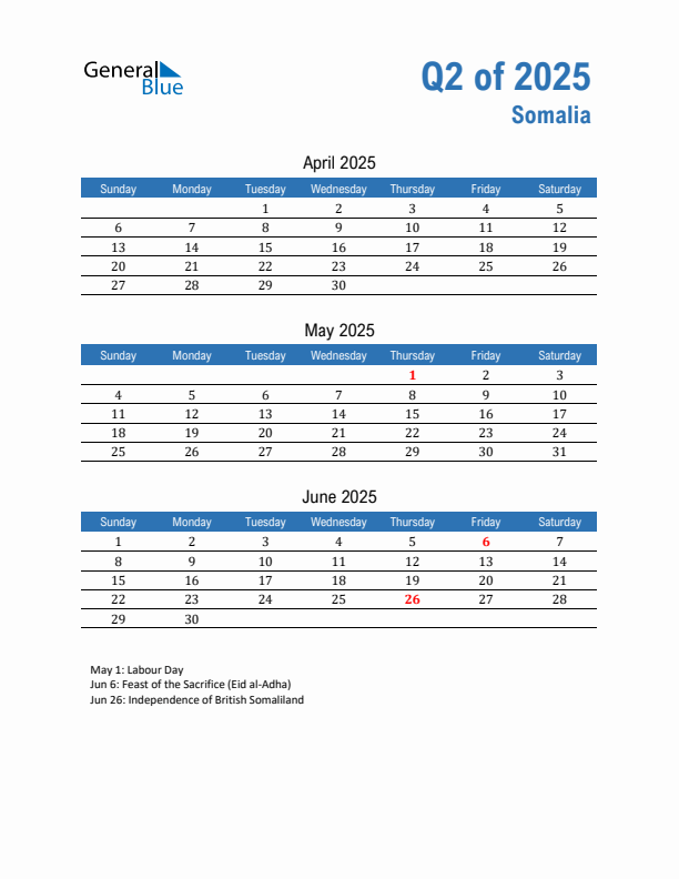 Somalia Q2 2025 Quarterly Calendar with Sunday Start