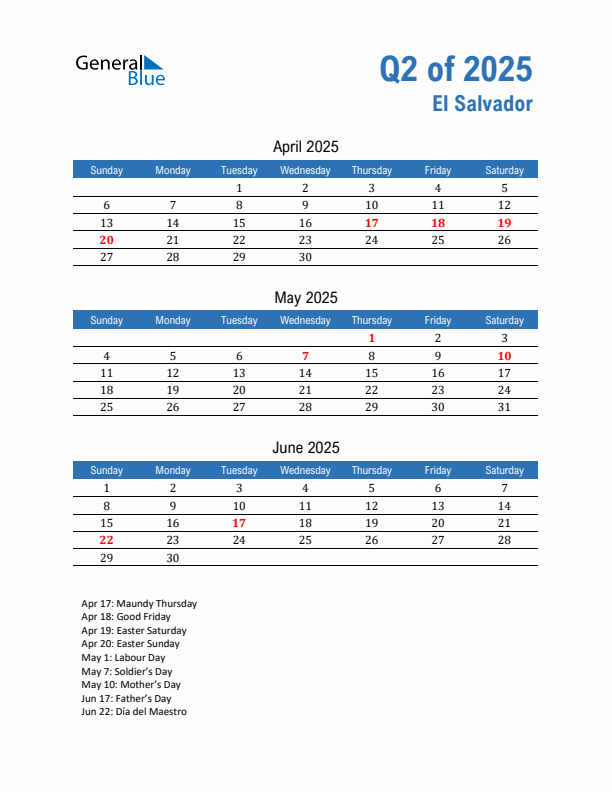 El Salvador Q2 2025 Quarterly Calendar with Sunday Start