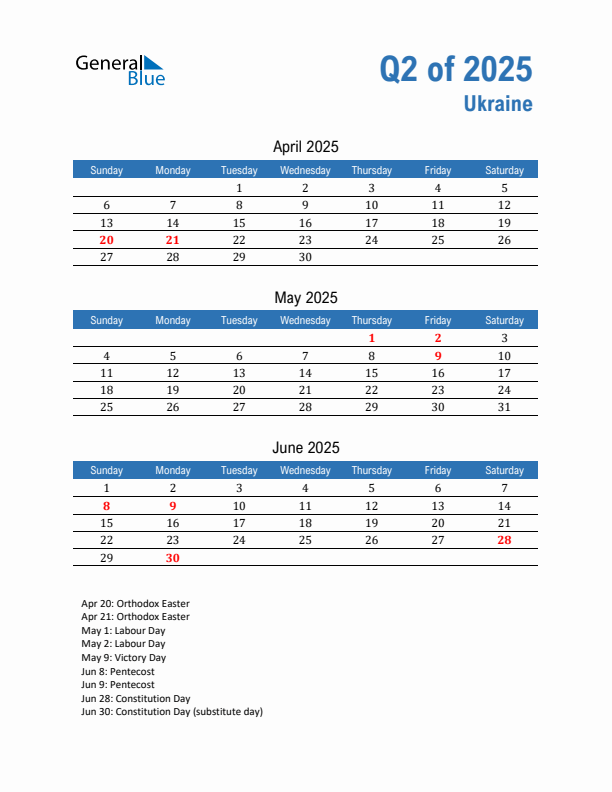 Ukraine Q2 2025 Quarterly Calendar with Sunday Start