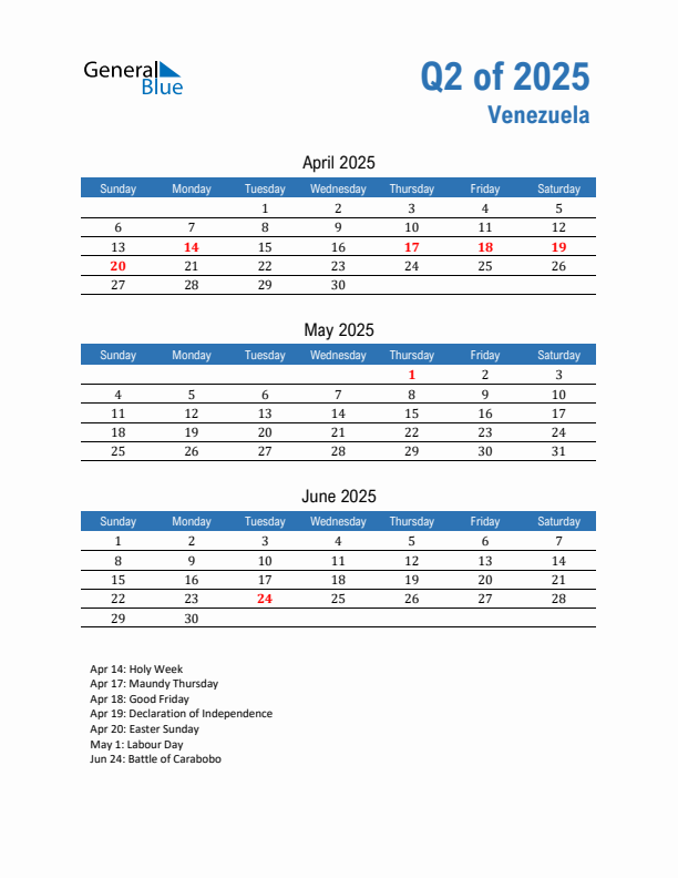 Venezuela Q2 2025 Quarterly Calendar with Sunday Start