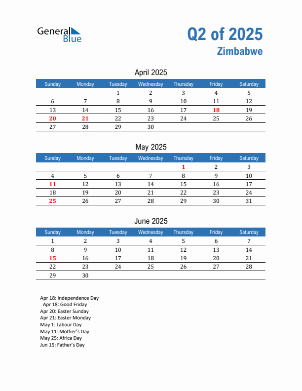 Zimbabwe Q2 2025 Quarterly Calendar with Sunday Start