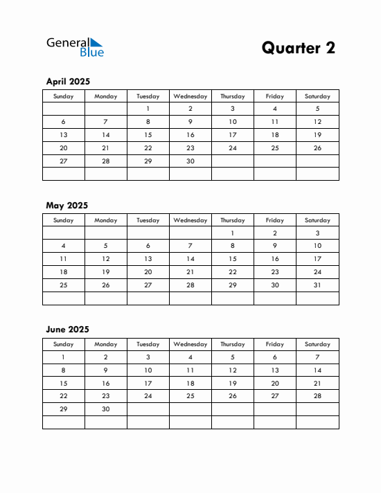 Quarter 2 2025 calendar template