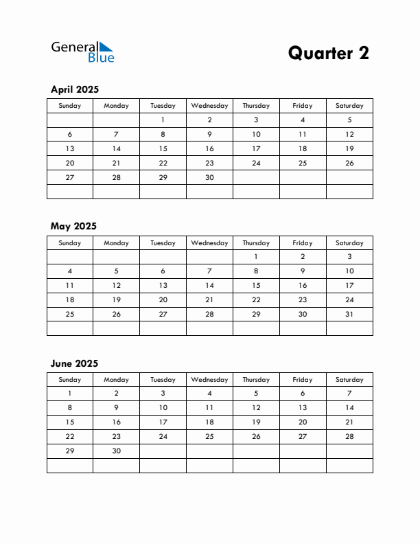 Quarter 2 2025 Calendar - Sunday Start