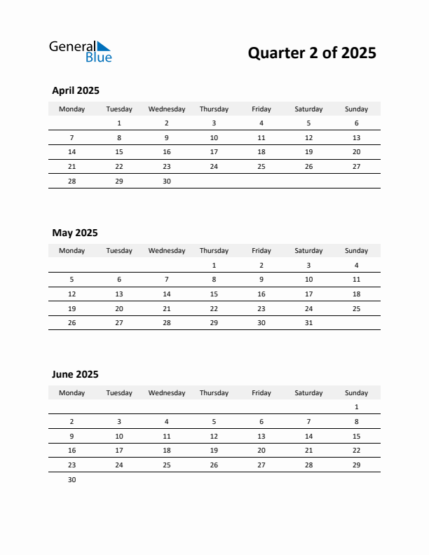 2025 Three-Month Calendar (Quarter 2)