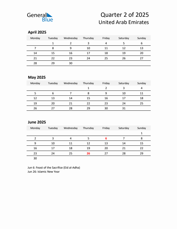 2025 Q2 Three-Month Calendar for United Arab Emirates