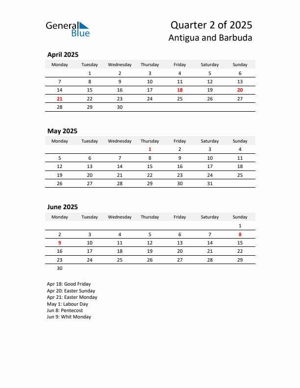 2025 Q2 Three-Month Calendar for Antigua and Barbuda