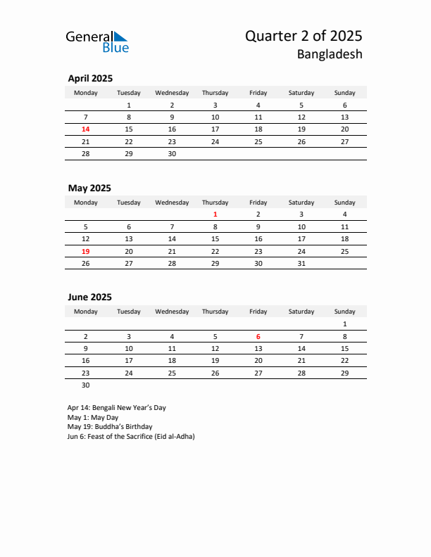 2025 Q2 Three-Month Calendar for Bangladesh