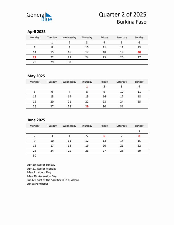 2025 Q2 Three-Month Calendar for Burkina Faso