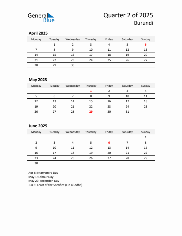 2025 Q2 Three-Month Calendar for Burundi