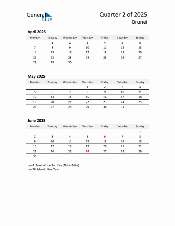 2025 Q2 Three-Month Calendar for Brunei