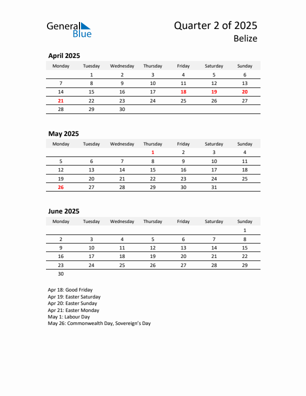 2025 Q2 Three-Month Calendar for Belize