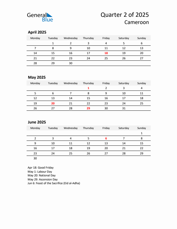 2025 Q2 Three-Month Calendar for Cameroon