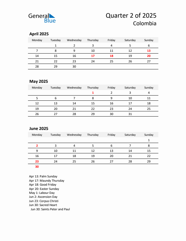 2025 Q2 Three-Month Calendar for Colombia