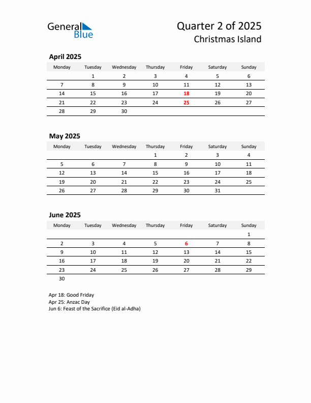 2025 Q2 Three-Month Calendar for Christmas Island