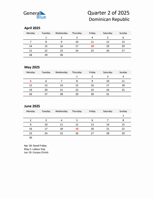 2025 Q2 Three-Month Calendar for Dominican Republic