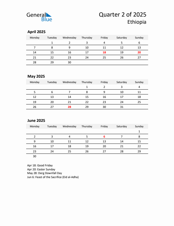 2025 Q2 Three-Month Calendar for Ethiopia