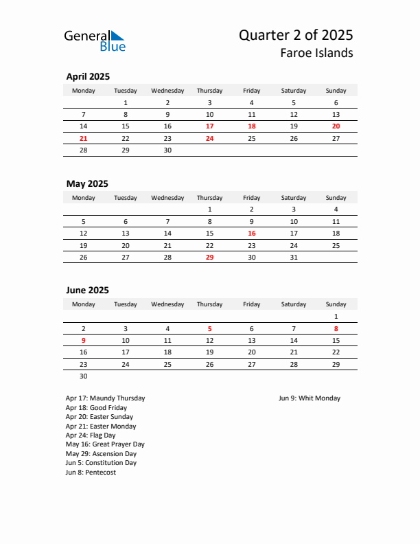 2025 Q2 Three-Month Calendar for Faroe Islands