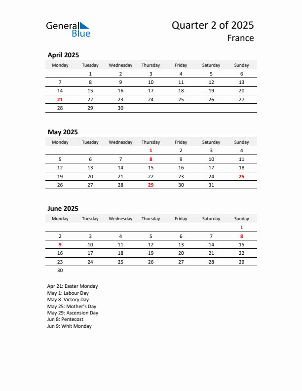 2025 Q2 Three-Month Calendar for France