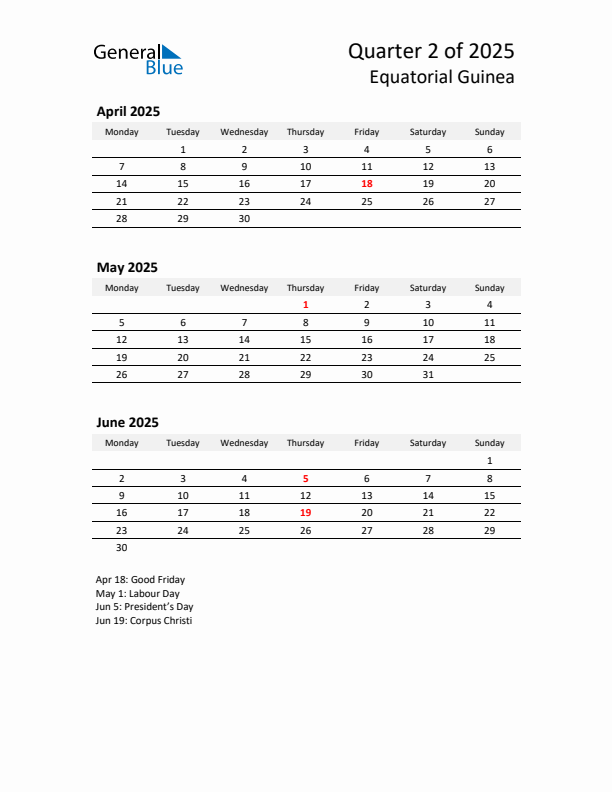 2025 Q2 Three-Month Calendar for Equatorial Guinea