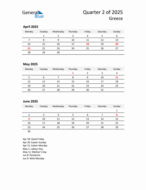 2025 Q2 Three-Month Calendar for Greece