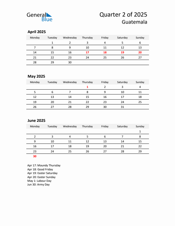 2025 Q2 Three-Month Calendar for Guatemala