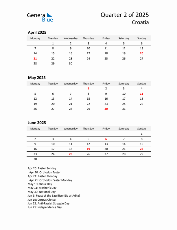 2025 Q2 Three-Month Calendar for Croatia