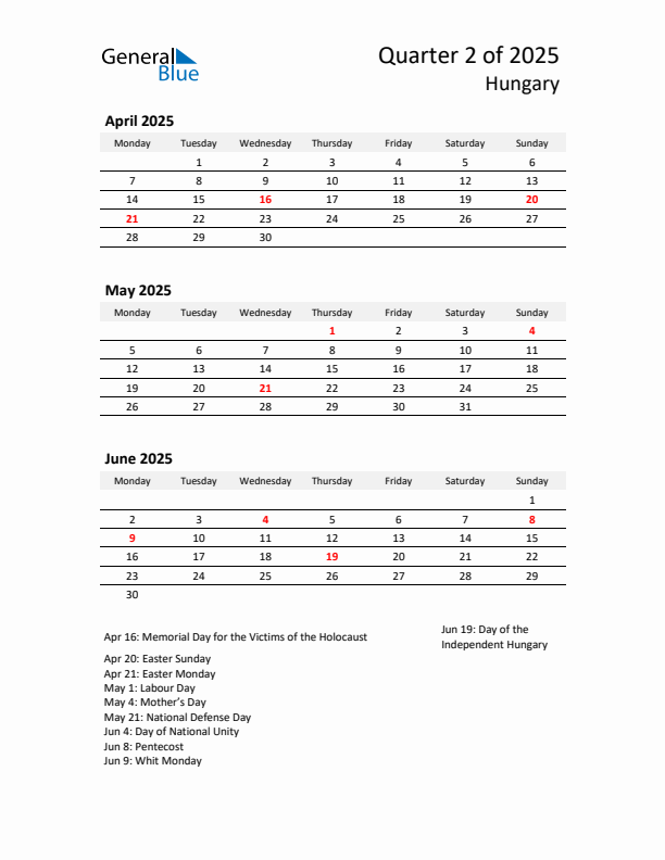 2025 Q2 Three-Month Calendar for Hungary