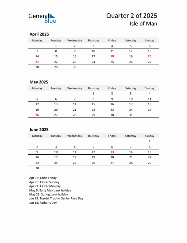 2025 Q2 Three-Month Calendar for Isle of Man