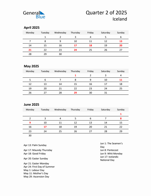 2025 Q2 Three-Month Calendar for Iceland