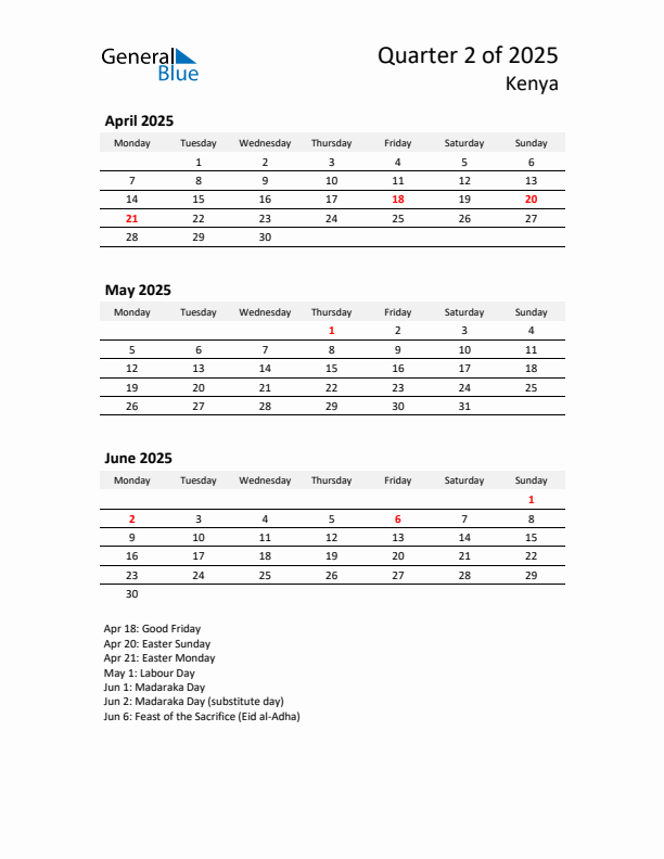 2025 Q2 Three-Month Calendar for Kenya