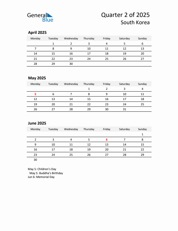 2025 Q2 Three-Month Calendar for South Korea