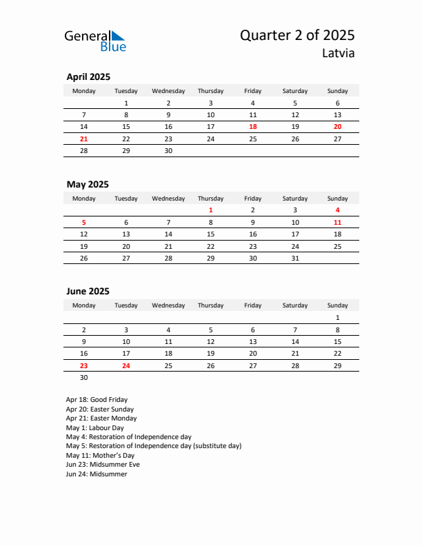 2025 Q2 Three-Month Calendar for Latvia