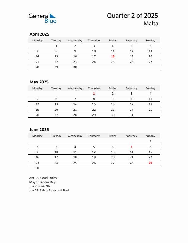 2025 Q2 Three-Month Calendar for Malta