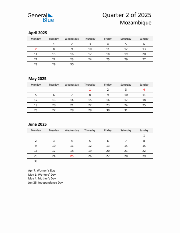 2025 Q2 Three-Month Calendar for Mozambique