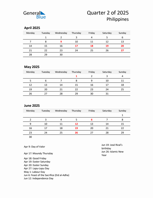 2025 Q2 Three-Month Calendar for Philippines