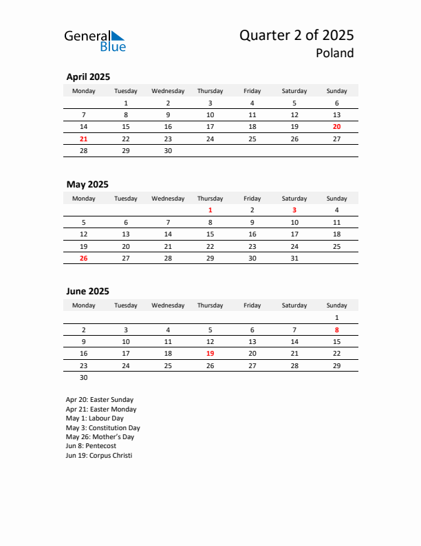 2025 Q2 Three-Month Calendar for Poland