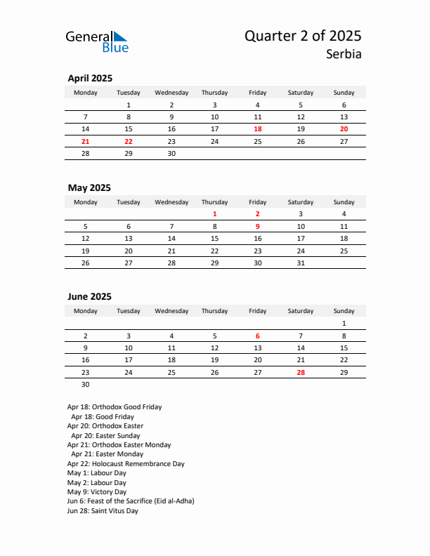 2025 Q2 Three-Month Calendar for Serbia