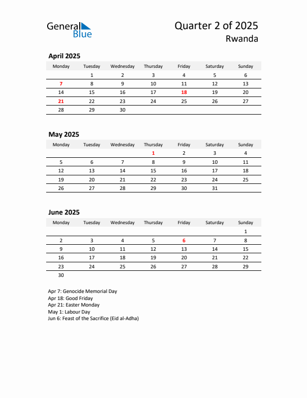 2025 Q2 Three-Month Calendar for Rwanda