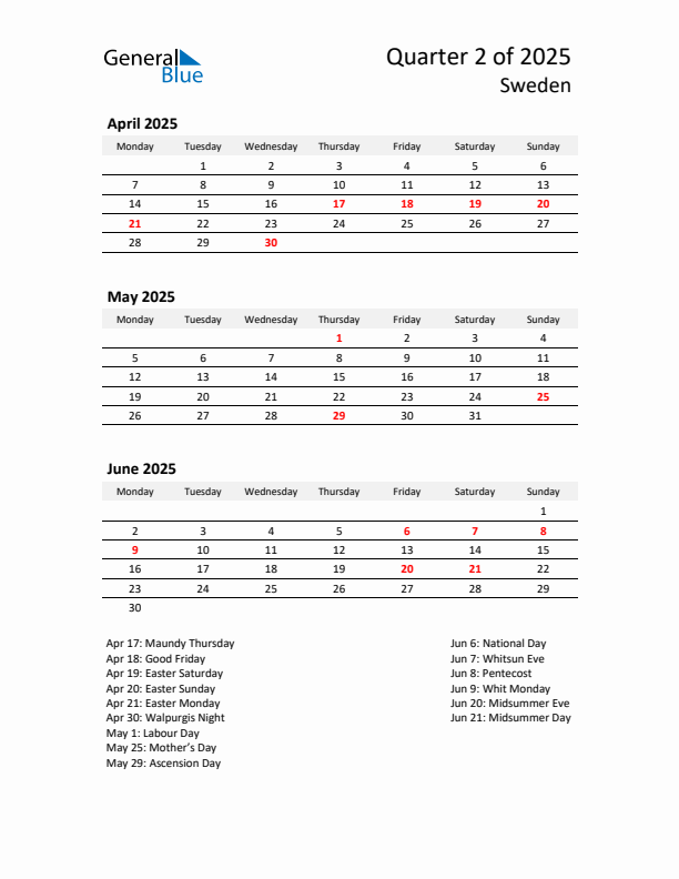 2025 Q2 Three-Month Calendar for Sweden