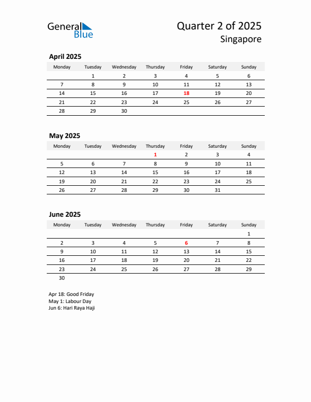 2025 Q2 Three-Month Calendar for Singapore