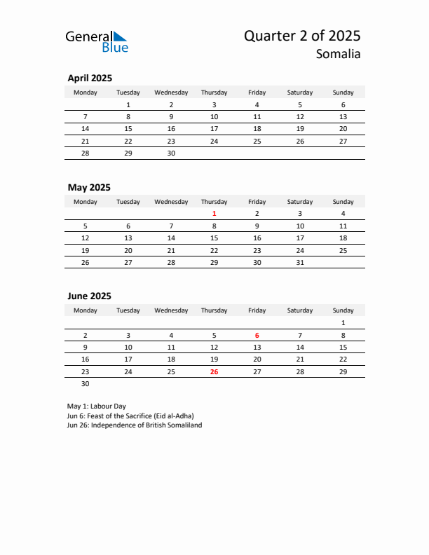 2025 Q2 Three-Month Calendar for Somalia