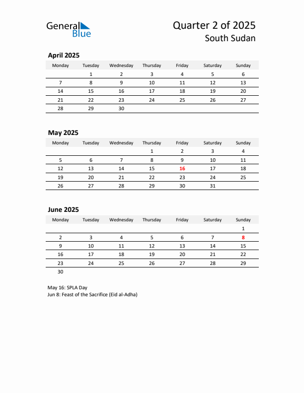 2025 Q2 Three-Month Calendar for South Sudan