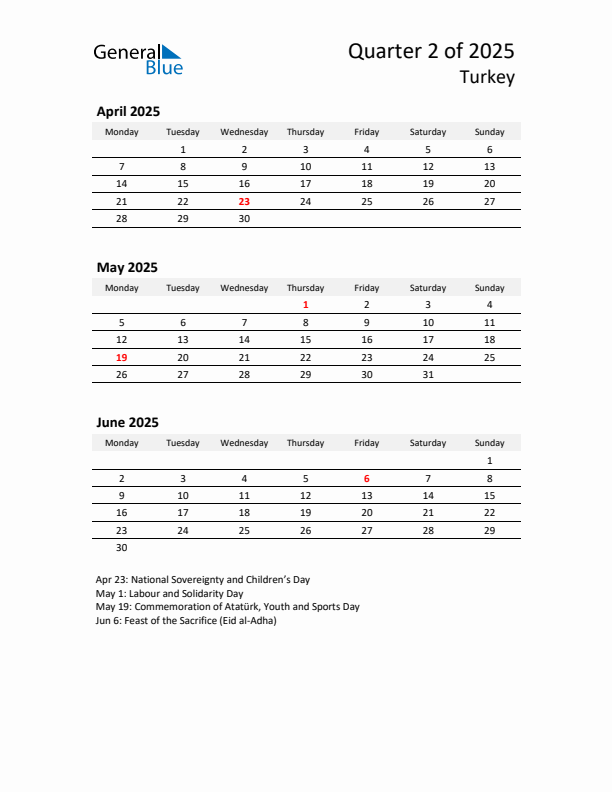 2025 Q2 Three-Month Calendar for Turkey