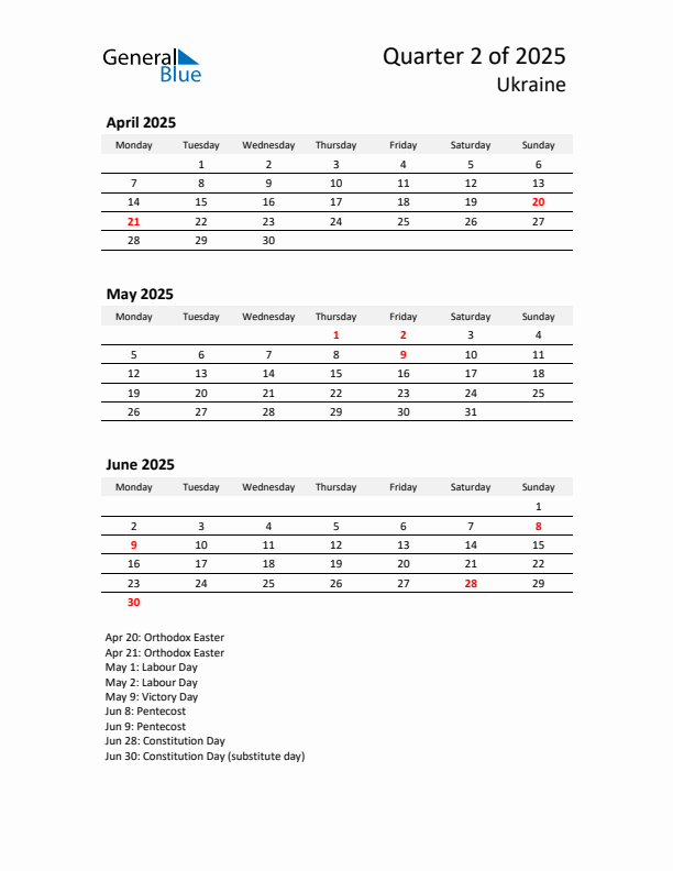 2025 Q2 Three-Month Calendar for Ukraine