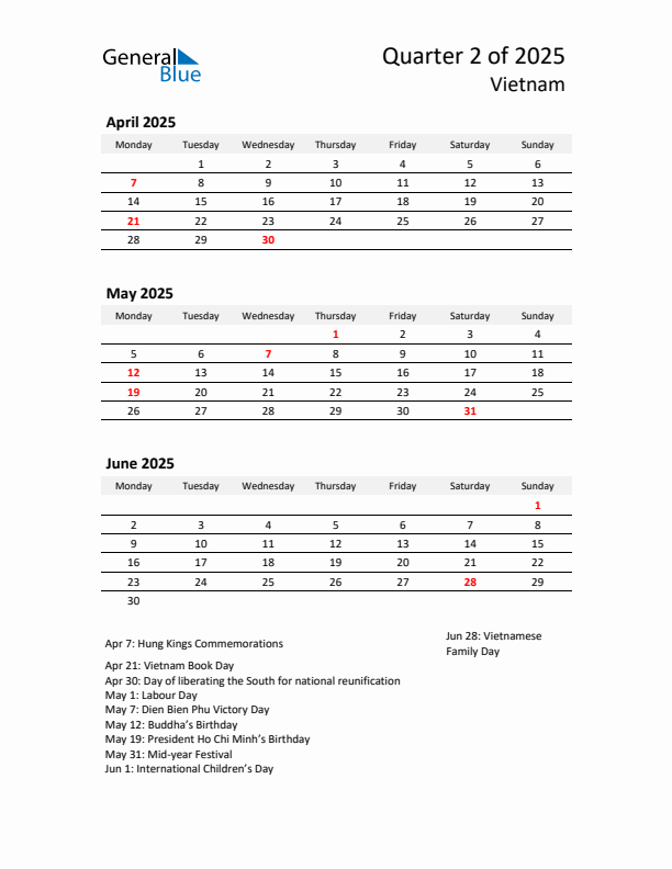 2025 Q2 Three-Month Calendar for Vietnam