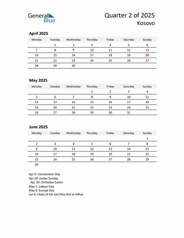 2025 Q2 Three-Month Calendar for Kosovo