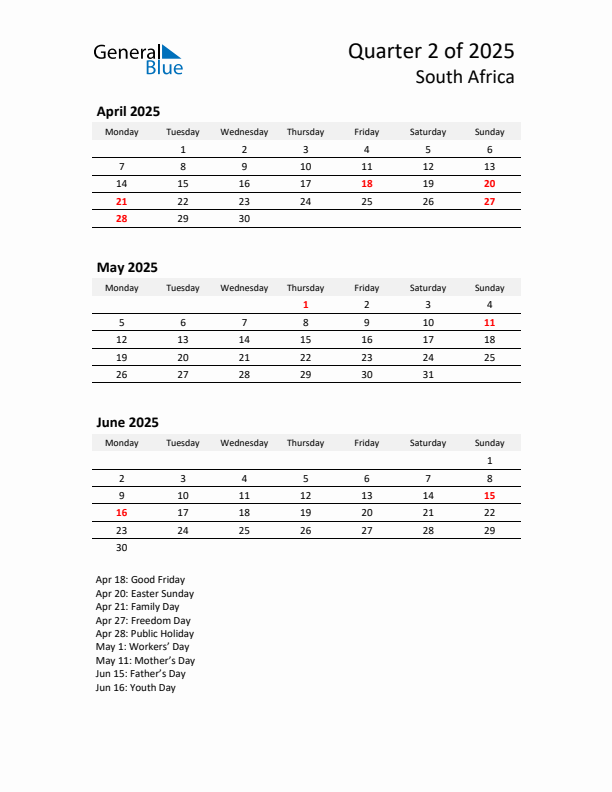 2025 Q2 Three-Month Calendar for South Africa