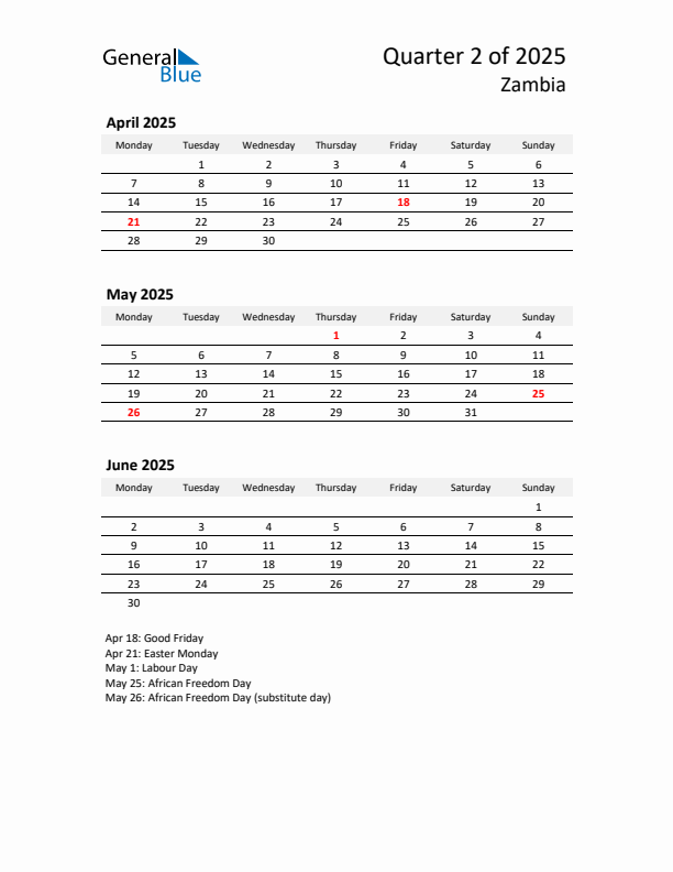 2025 Q2 Three-Month Calendar for Zambia