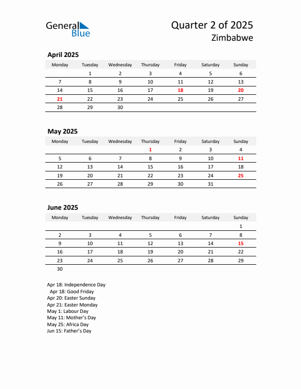 2025 Q2 Three-Month Calendar for Zimbabwe