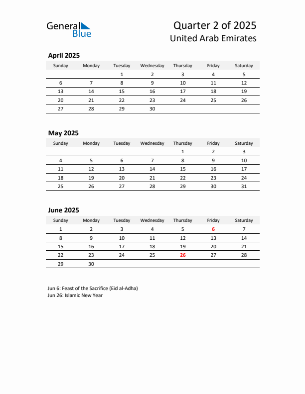 2025 Q2 Three-Month Calendar for United Arab Emirates